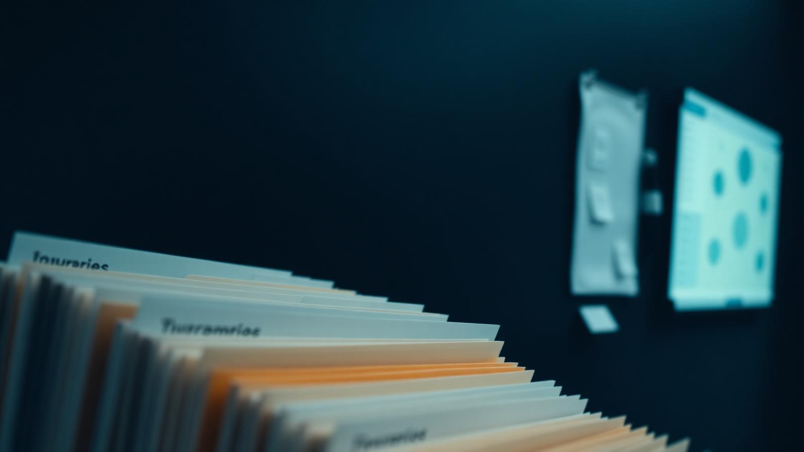 Labelled document folders in front of a softly lit planning board