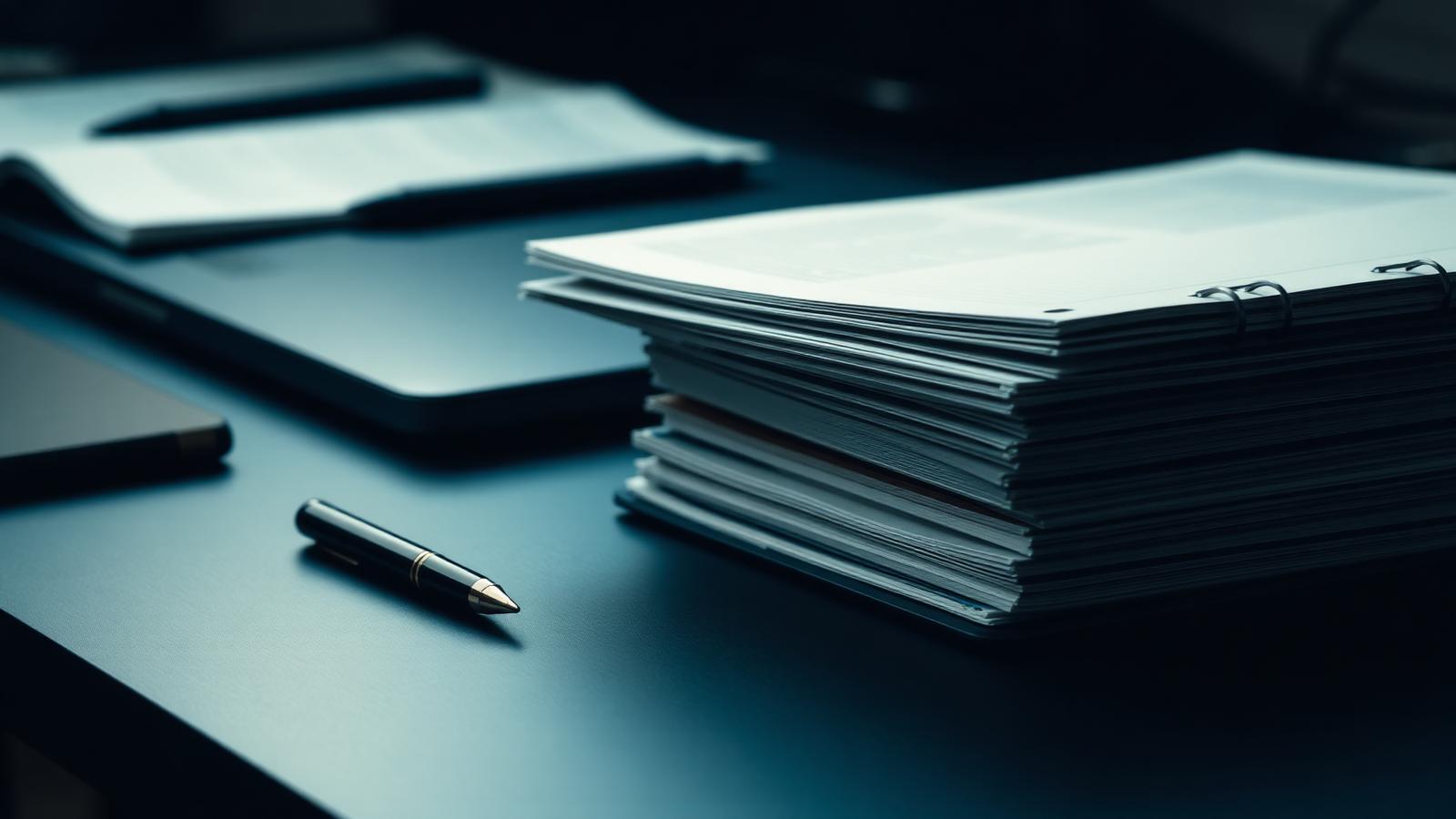 Stacked documents and a notebook on a desk in low, cool light
